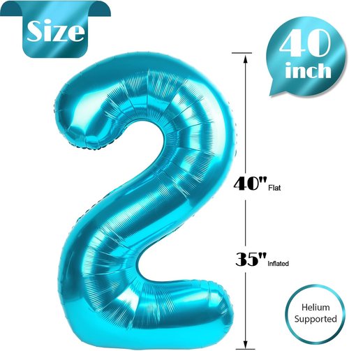 Blue Number 2 Balloon - 40 Inch Birthday Decoration for Second Birthday Party Supplies