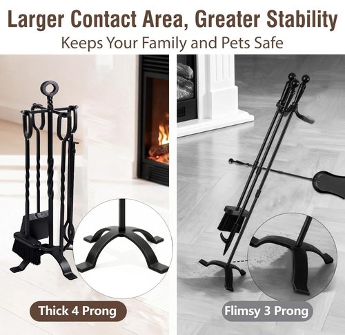AMAGABELI GARDEN & HOME 5 Pieces Fireplace Tools Set Indoor Wrought Iron Fire Place Pit Large Poker Wood Stove Log Firewood Tongs Holder with Handles Modern Black Outdoor Accessories Kit