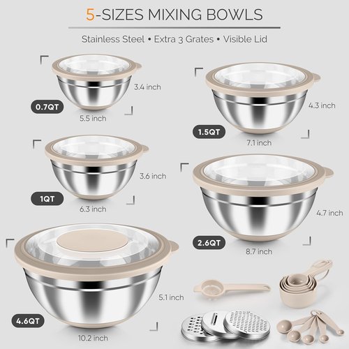 HaWare 24-Piece Stainless Steel Mixing Bowls Set - Airtight Lids & Graters | Kitchen Prep & Storage, Khaki