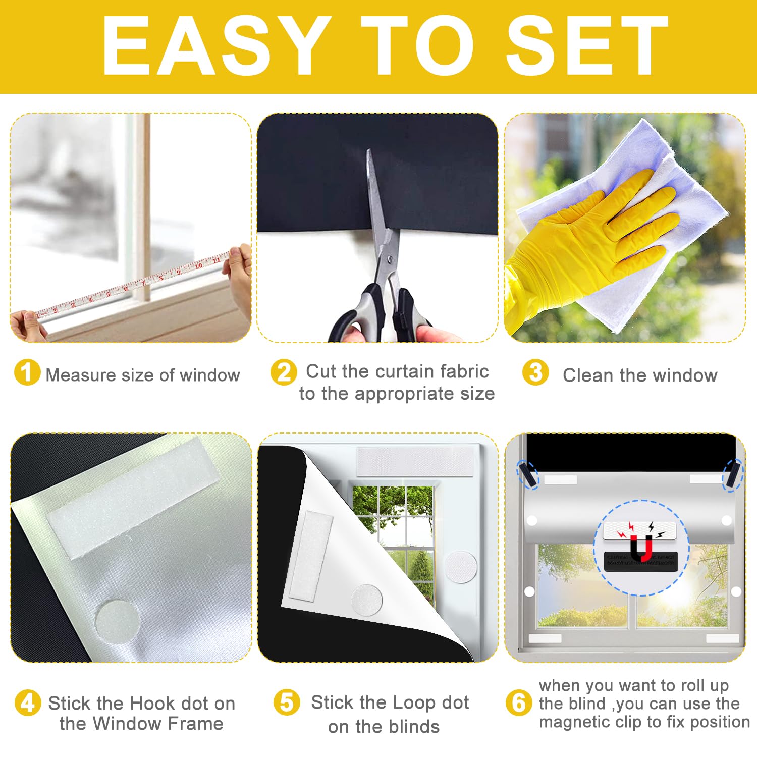 100% Blackout Window Cover Curtains for Bedroom 57x40Inch,No Drill,DIY Cut Portable Removable Black out Shades Blinds Cover for Baby Nursery,RV,Media Room,Hook&Loop Tape Straps Stickers,Magnetic Clips