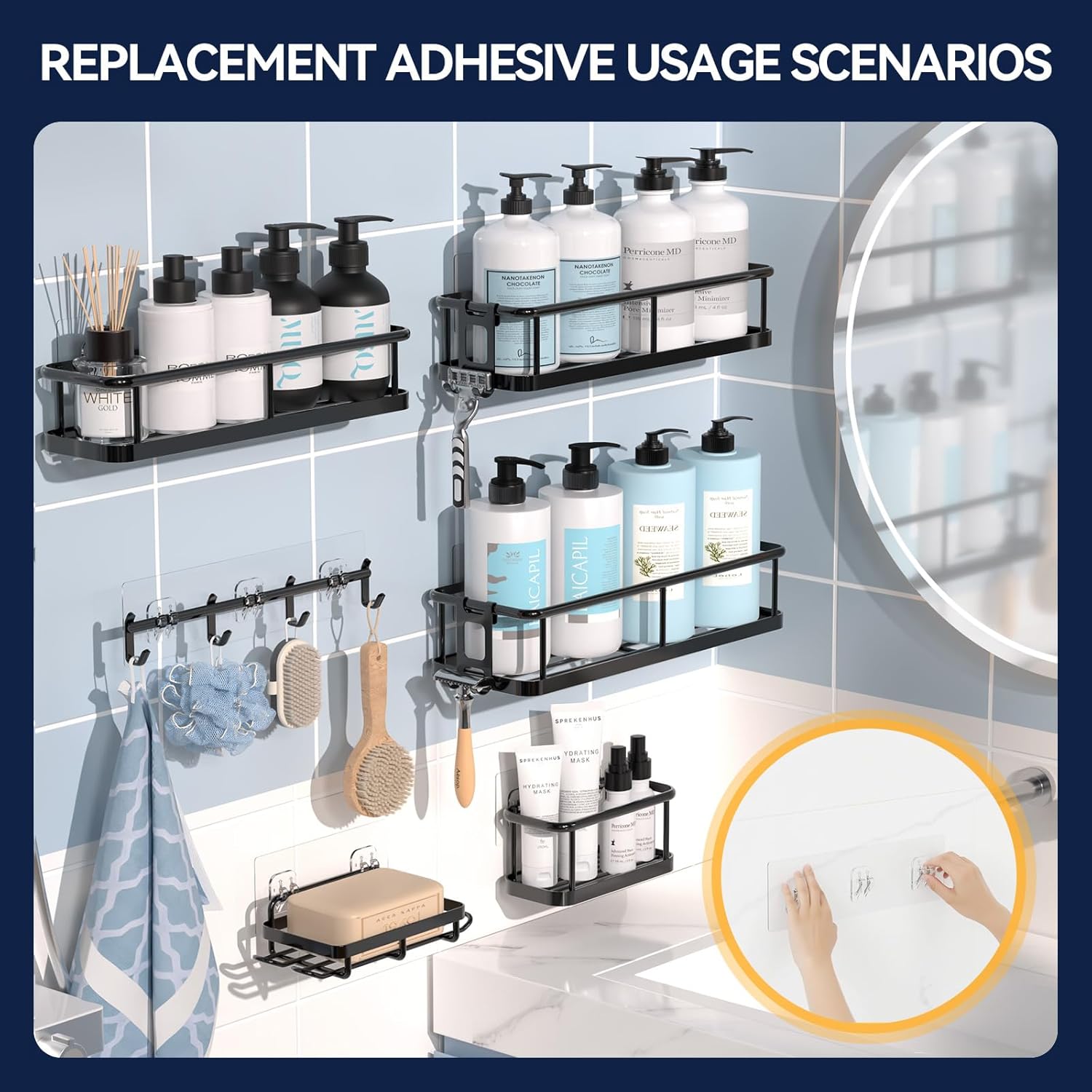 YASONIC Shower Caddy Adhesive Strips - 9-Pack Transparent No-Drill Hooks for Bath & Kitchen Storage