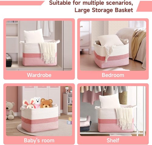 CLHMILY&Z Stylish Square Cotton Rope Storage Basket - Pink & White, 85L Capacity