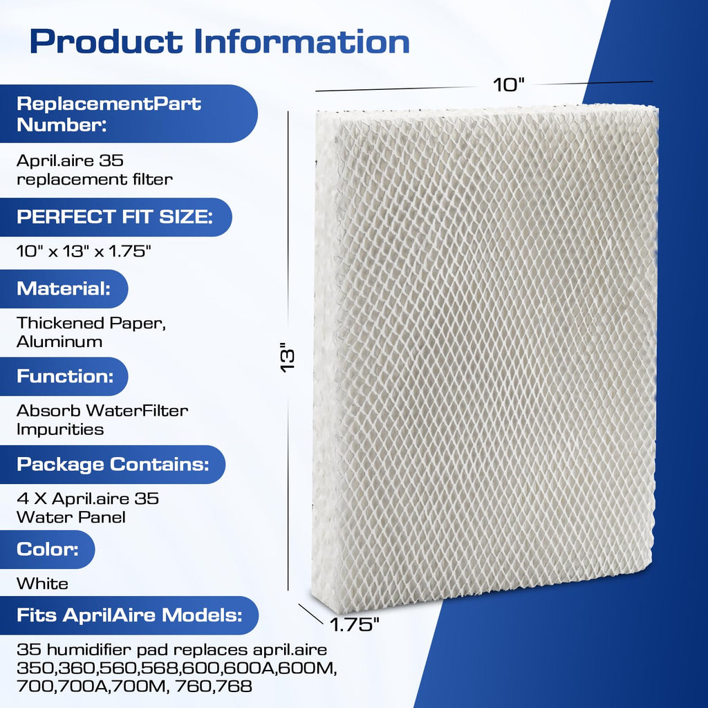 4 Pack 35 Water Panel Humidifier Filter Replacement 10" x 13" - Compatible with April.aire Humidifier 300 350 360 560 560A 568 600 600A 700 700A 700M 760 760A 768 April.aire Whole House Humidifier
