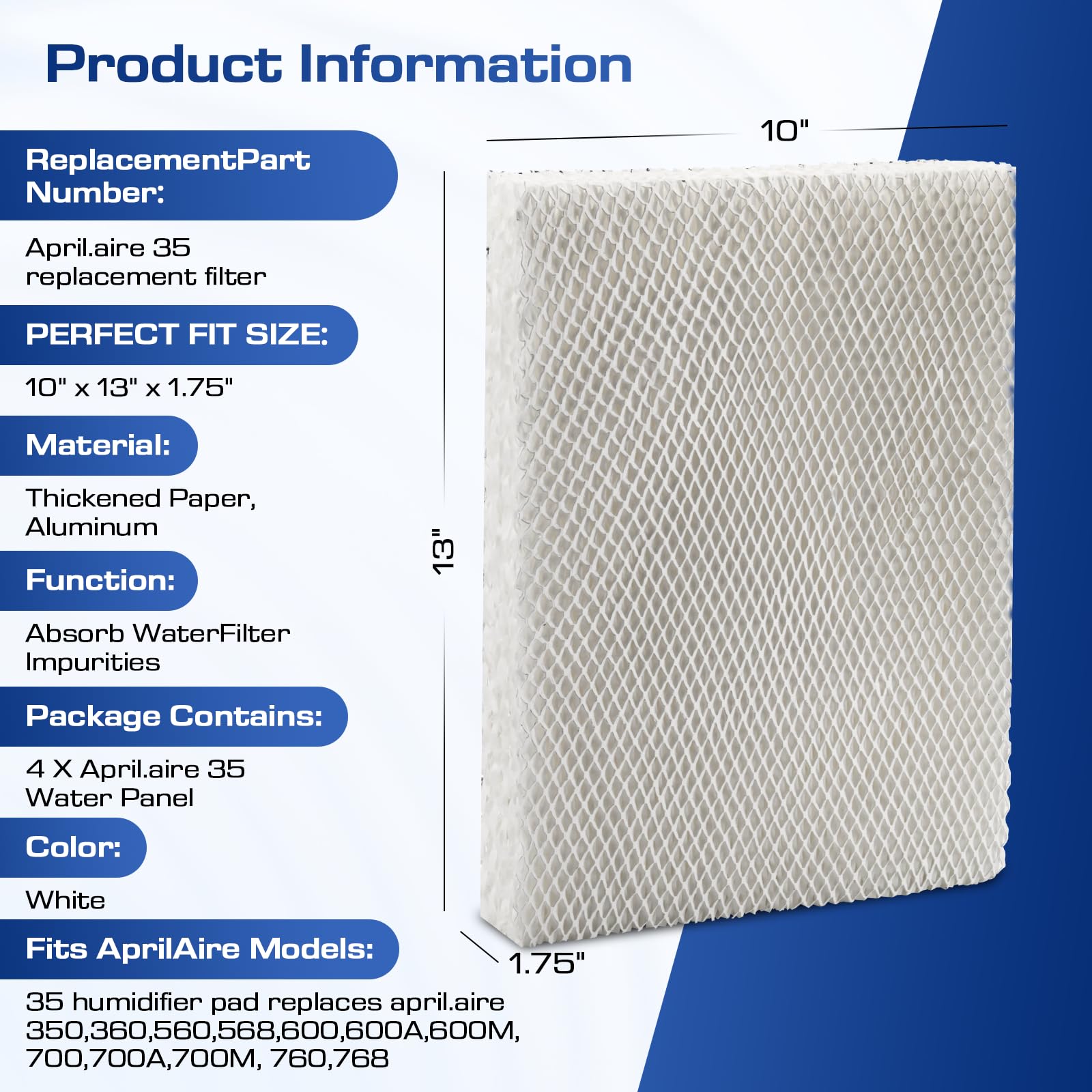 4 Pack 35 Water Panel Humidifier Filter Replacement 10" x 13" - Compatible with April.aire Humidifier 300 350 360 560 560A 568 600 600A 700 700A 700M 760 760A 768 April.aire Whole House Humidifier