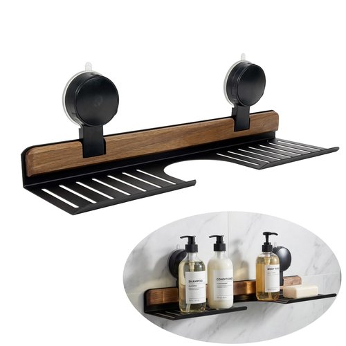 AZSRKRBM Over Sink Shelf with Walnut, 15.7" Tool-Free Organizer, Strong Suction Cup Rack with Easy Drainage for Kitchen & Bathroom