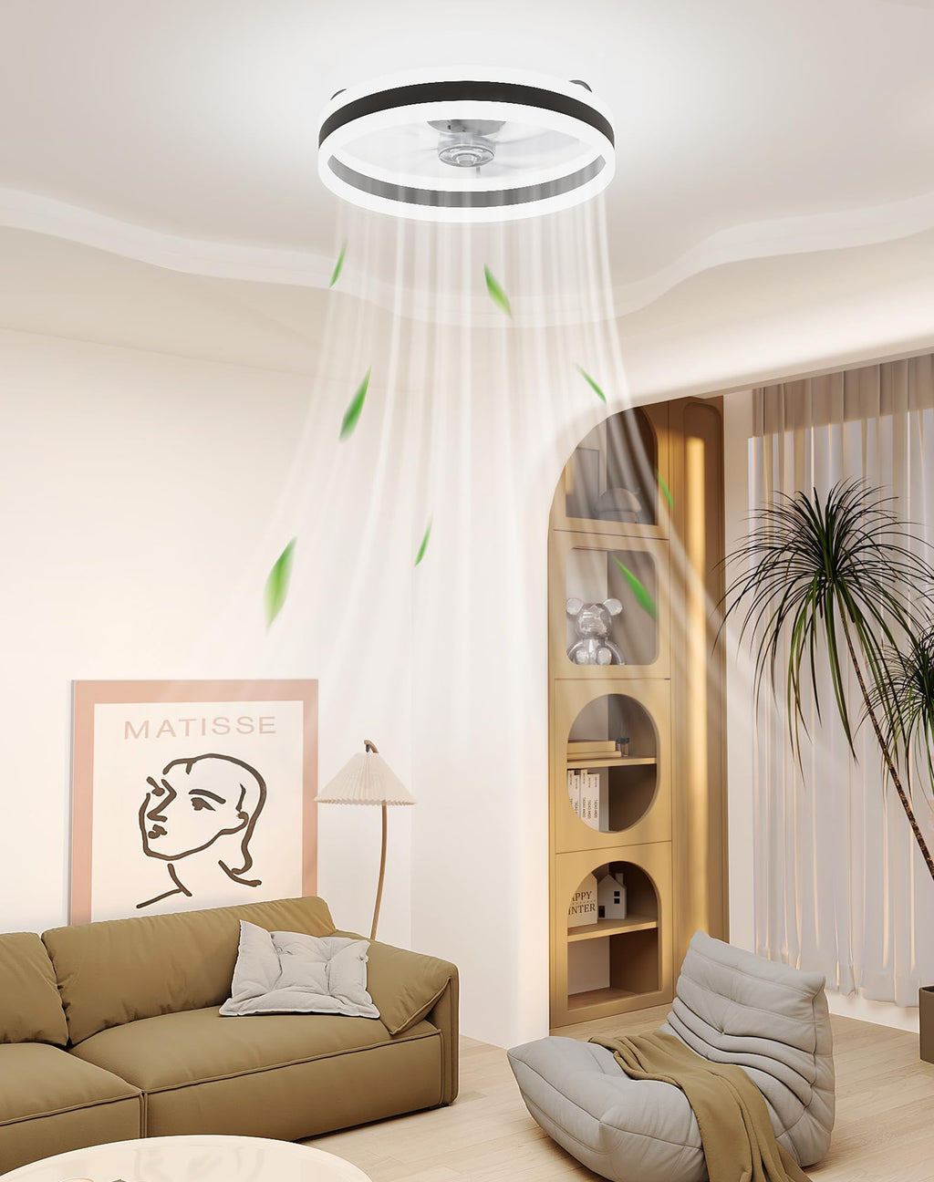 Simple Deluxe Ceiling Fan with Light 20in Low Profile Ceiling Fans with Lights and Remote Dimmable with 6 Wind Speeds Flush Mount Fandelier LED Fan Light Modern Smart for Bedroom, Black