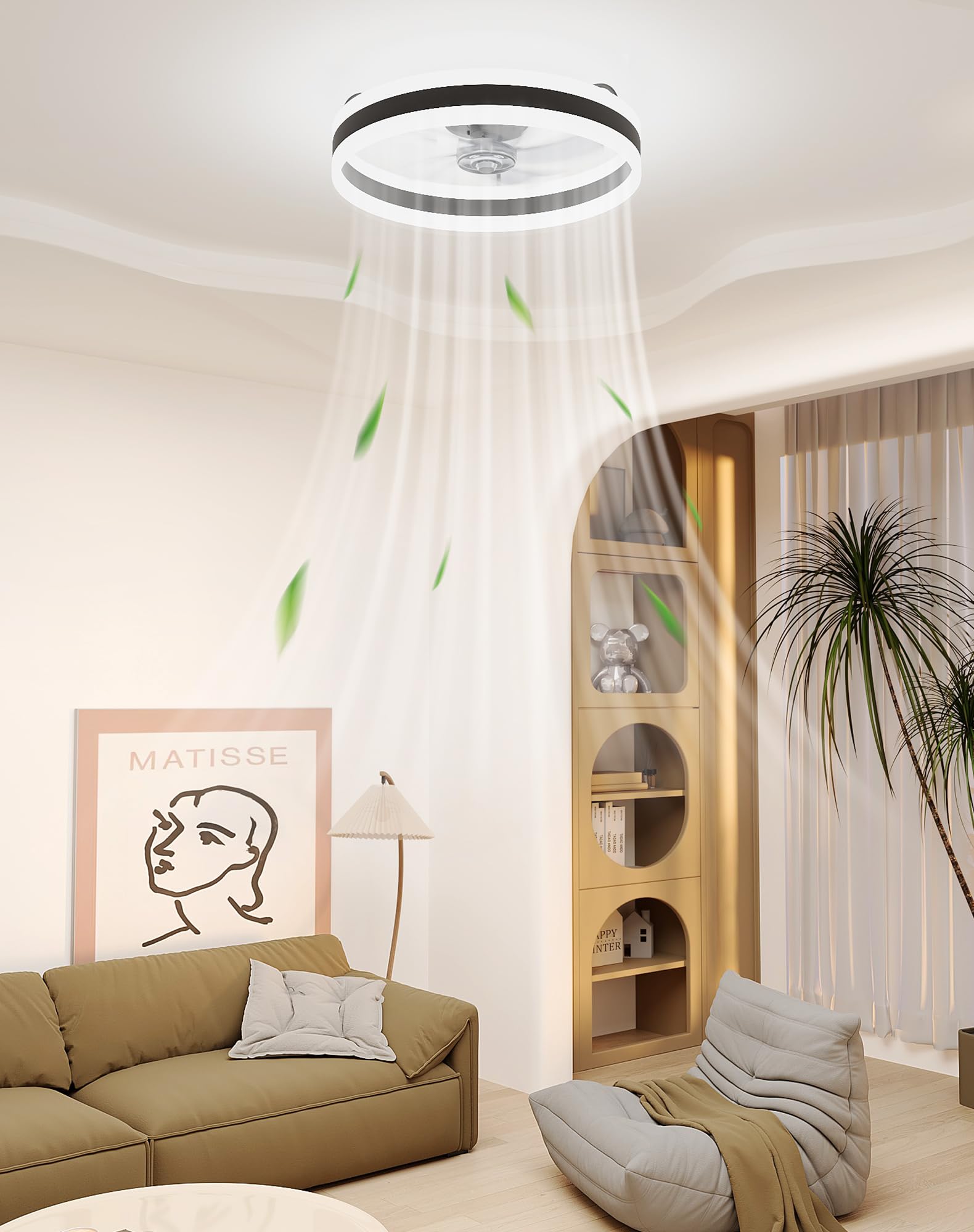 Simple Deluxe Ceiling Fan with Light 20in Low Profile Ceiling Fans with Lights and Remote Dimmable with 6 Wind Speeds Flush Mount Fandelier LED Fan Light Modern Smart for Bedroom, Black