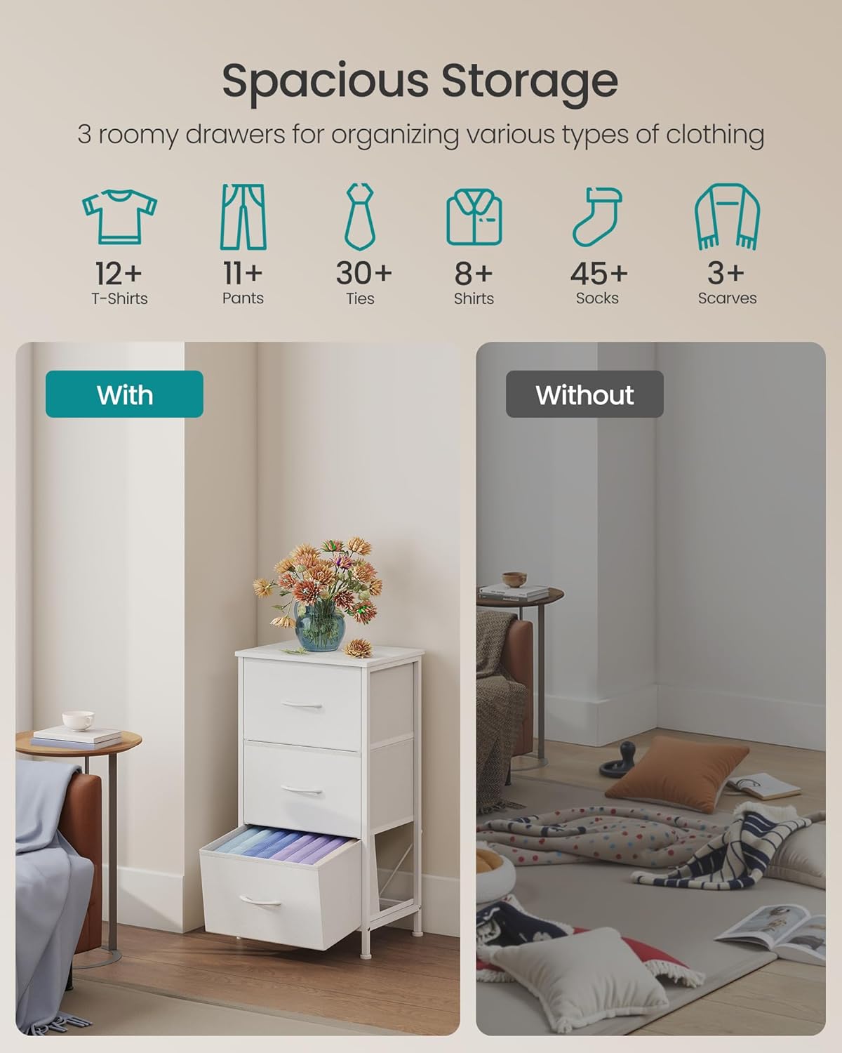 SONGMICS Dresser - Stylish Chest of Drawers with 3 Non-Woven Fabric Bins | Cloud White & Snow White