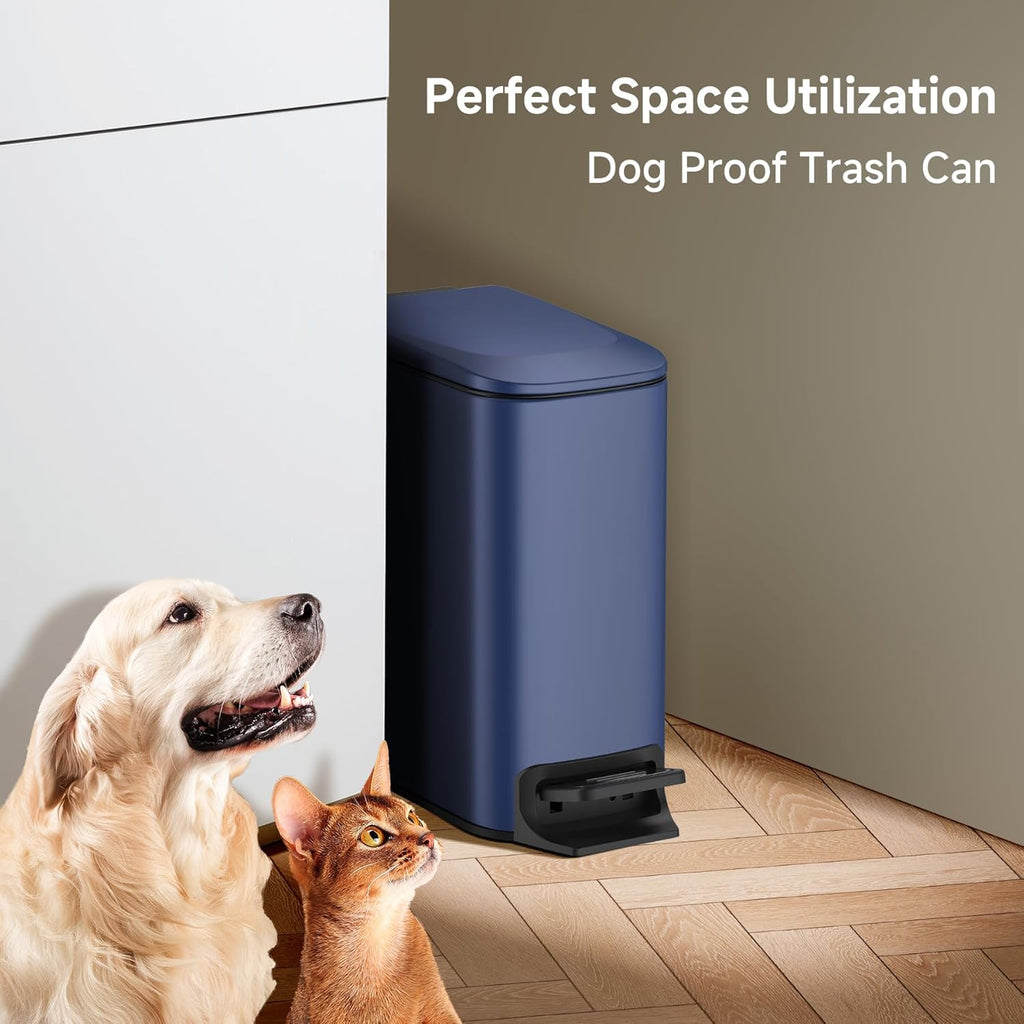 TIPGO Slim Bathroom Trash Can - Soft Close Lid & Step Pedal - 6L Stainless Steel Bin in Navy Blue