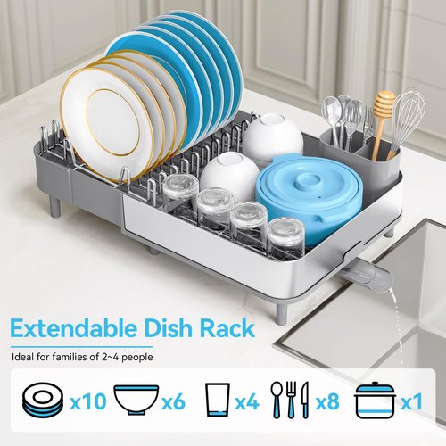 Urackify Dish Drying Rack, 304 Stainless Steel Dish Drainer with Removable Utensil Holder & Drain Board, Rustproof Space-Saving Dish Rack for Kitchen Countertop, Grey