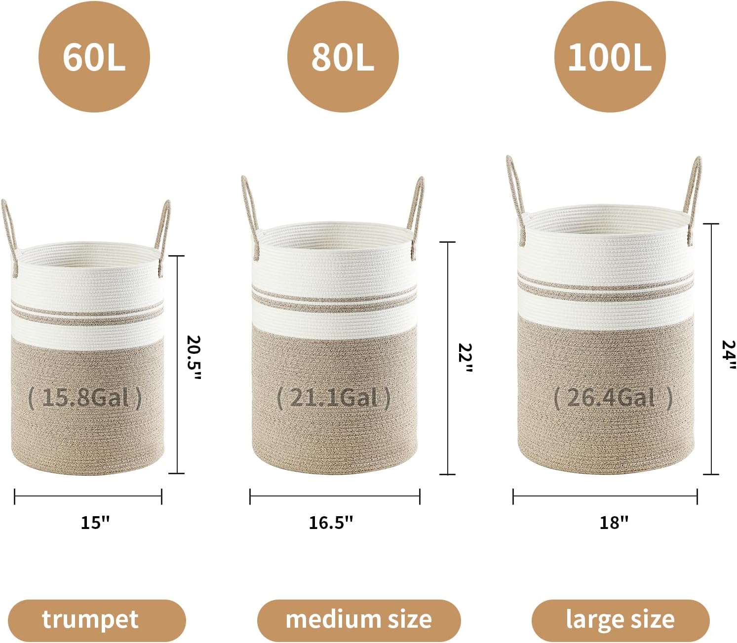 Skiennix Laundry Basket Hamper - Tall Woven Rope Storage for Blankets & Toys | 60L Brown & White