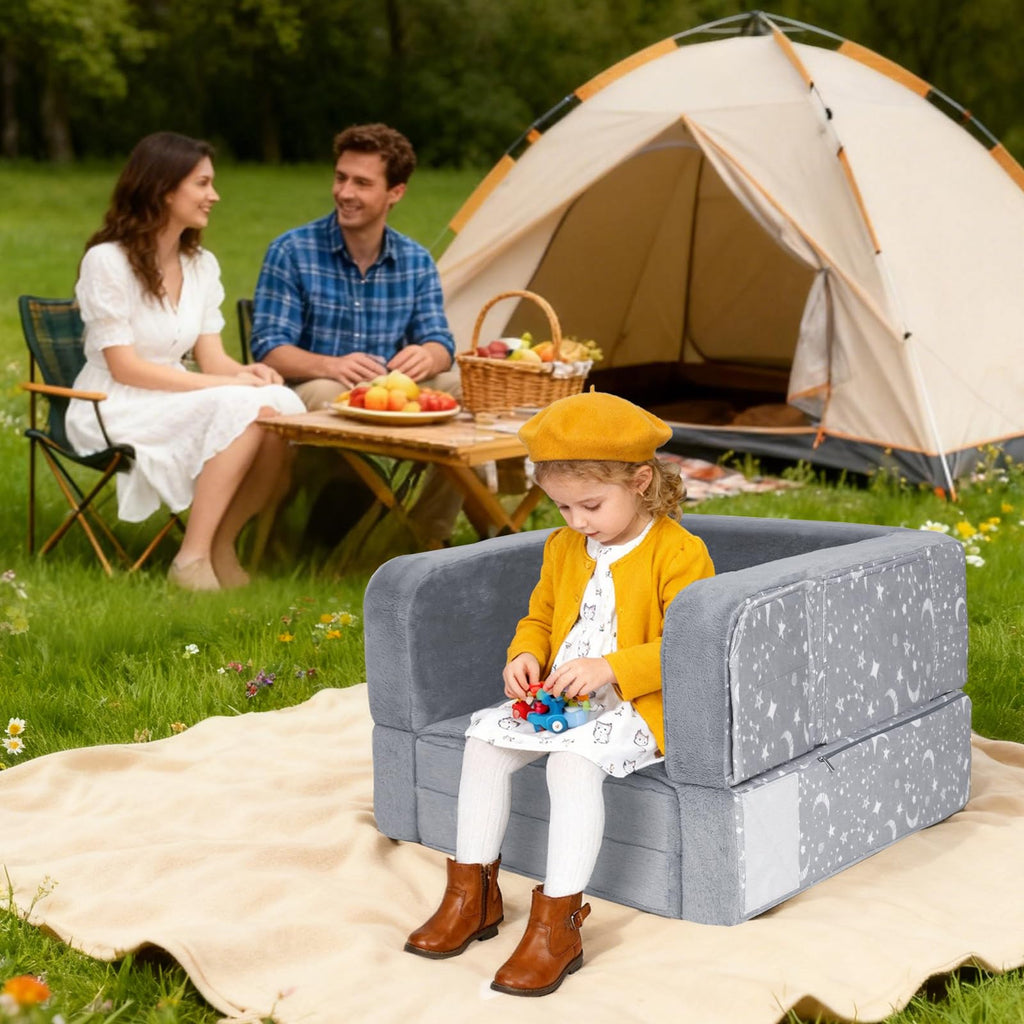Portable Toddler Travel Bed, 2 in 1 Foldable Toddler Bed Sofa Chair, Soft Baby Kids Travel Floor Beds with Washable Cover, Blanket, Safety Foam Raised Bumper for Camping Hotel Grandma’s House Sleeping