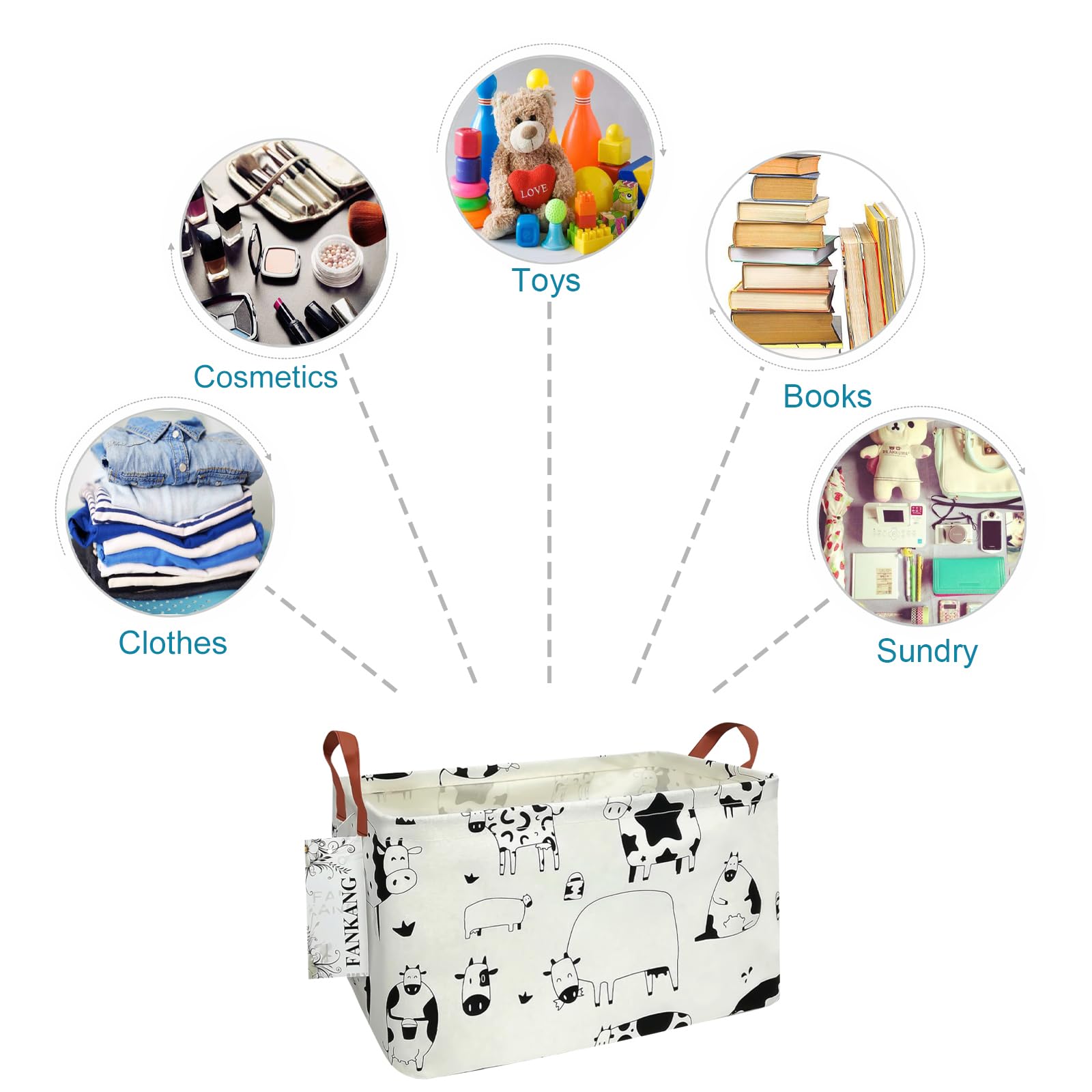 FANKANG Storage Basket,Nursery Hamper Canvas Laundry Basket Foldable with Waterproof PE Coating Storage, Office, Bedroom, Clothes,Toys(L, Rec-cows)