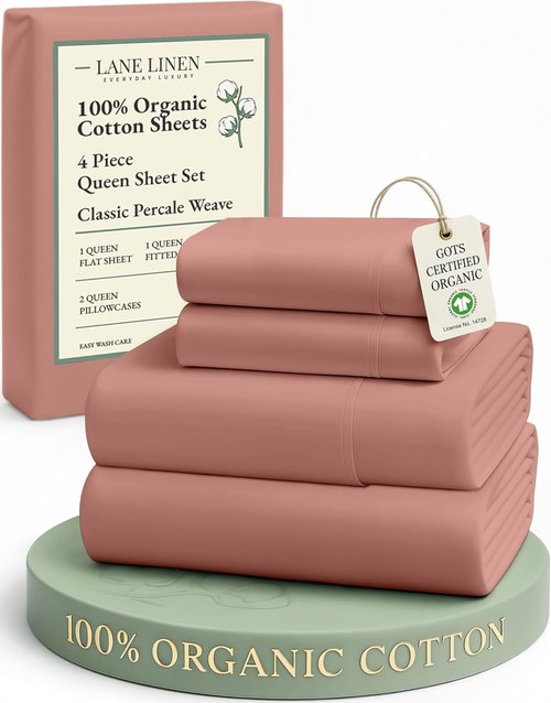 **LANE LINEN 100% Organic Cotton Queen Sheets - Eco-Friendly Mercerized Bedding Set in Rose Dawn**