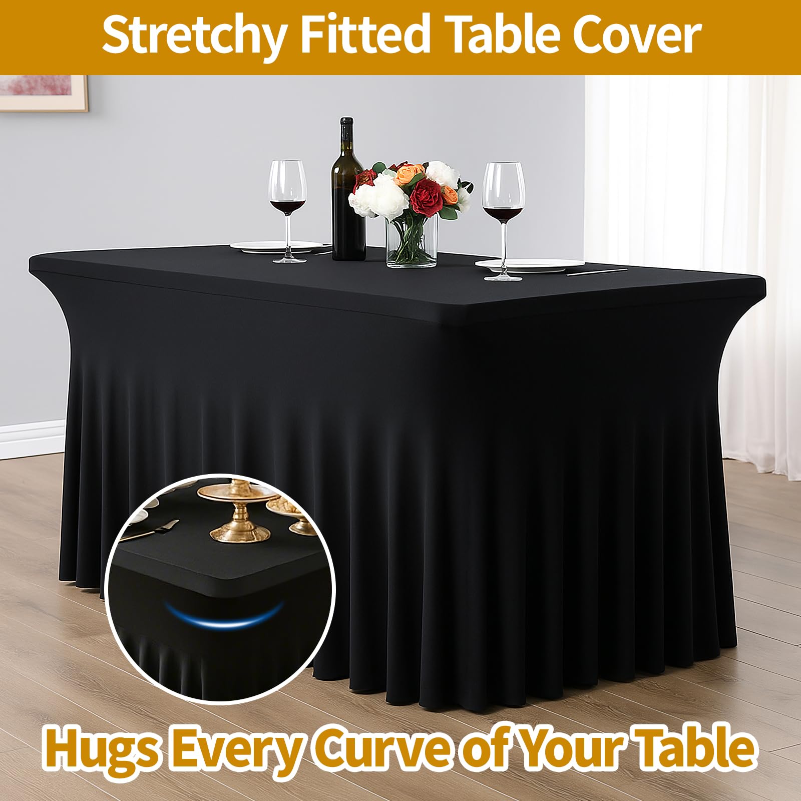 Deep Dream 4 Pack Black Spandex Fitted Tableclothes for 6 Foot Rectangle Tables, Wrinkle Free 6FT Fitted Table Cover, Stretch Tablecloth Table Skirt for Party, Banquet, Wedding and Events