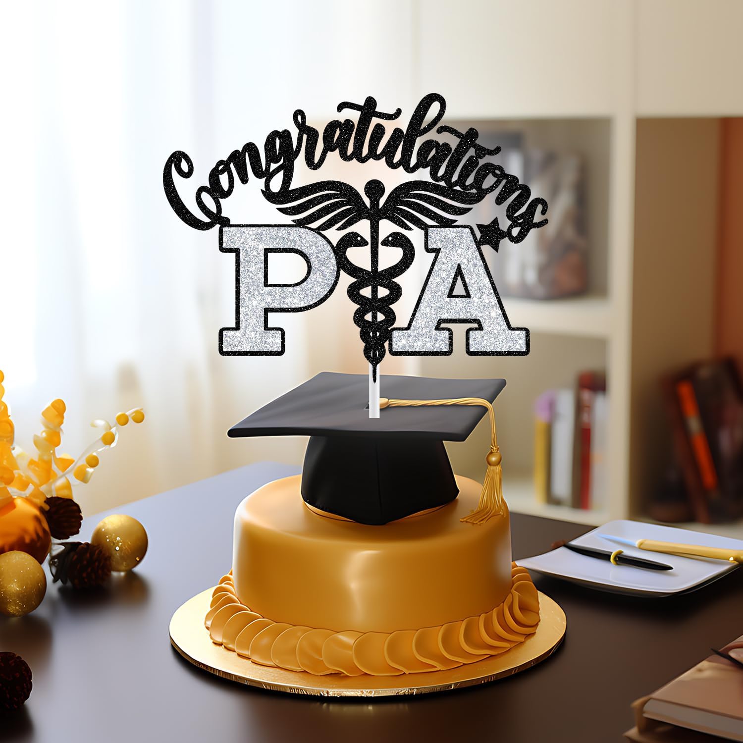 PA Cake Topper - Graduation Decorations 2025 | Congrats Nurse/Doctor - Black & Silver Glitter