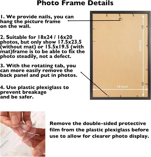 JCJMY 18x24 Picture Frame - Versatile Display for 16x20 Photos with Mat or 18x24 Without Mat, Black