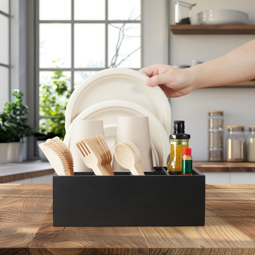 GCWSTJK Wood Utensil Holder for Party, 6-Compartment Paper Plate Organizer with Handles, Wooden Silverware Caddy for Picnic, Camping, BBQ, Buffet, and Kitchen Countertop Organization, Black
