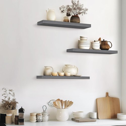 BAYKA Floating Shelves - Rustic Grey Wall-Mounted Wood Shelves for Bathroom, Bedroom & Living Room | Set of 3 (22.5 Inches)
