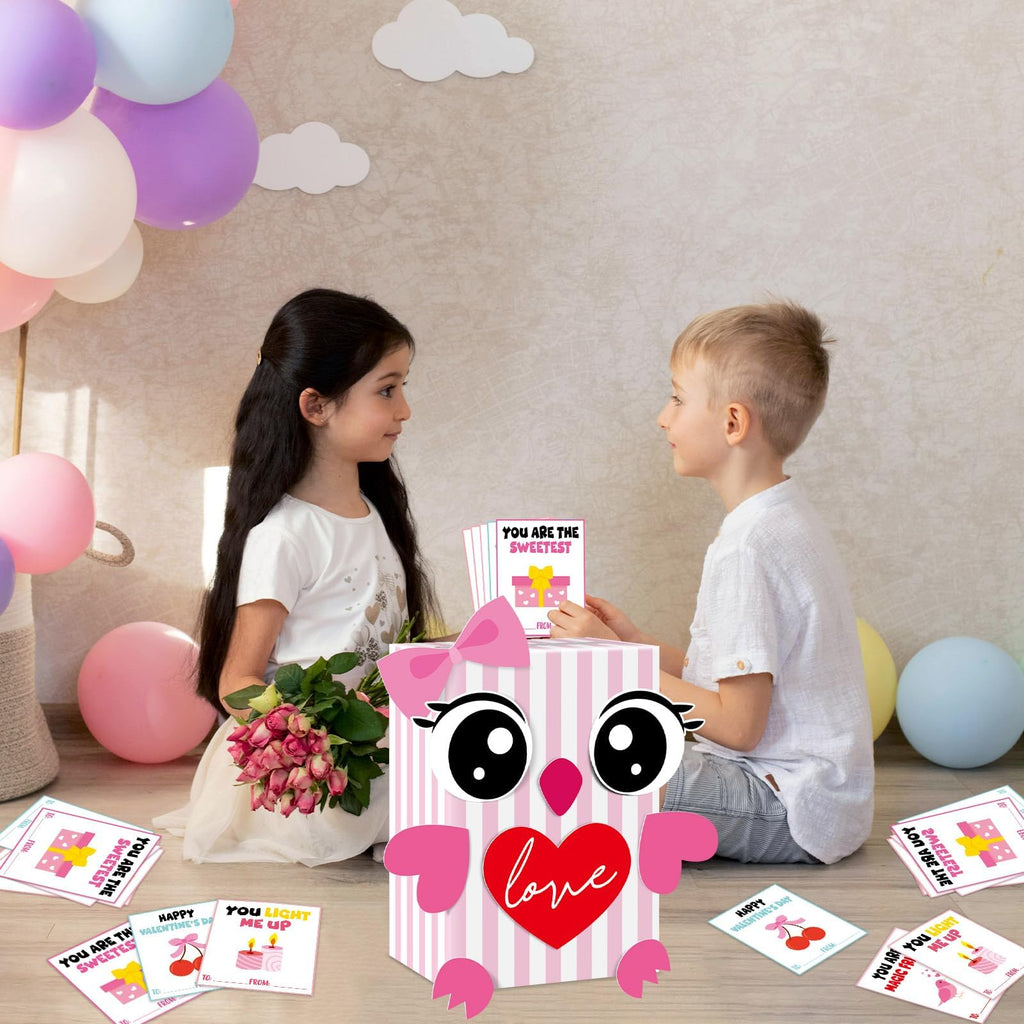 ojustbeok Large Valentine's Day Card Box for Kids with 50 Valentine Cards DIY Heart Owl Valentines Day Mailbox Cards Set for Girls Boys School Classroom Exchange Valentines Party Favors Supplies