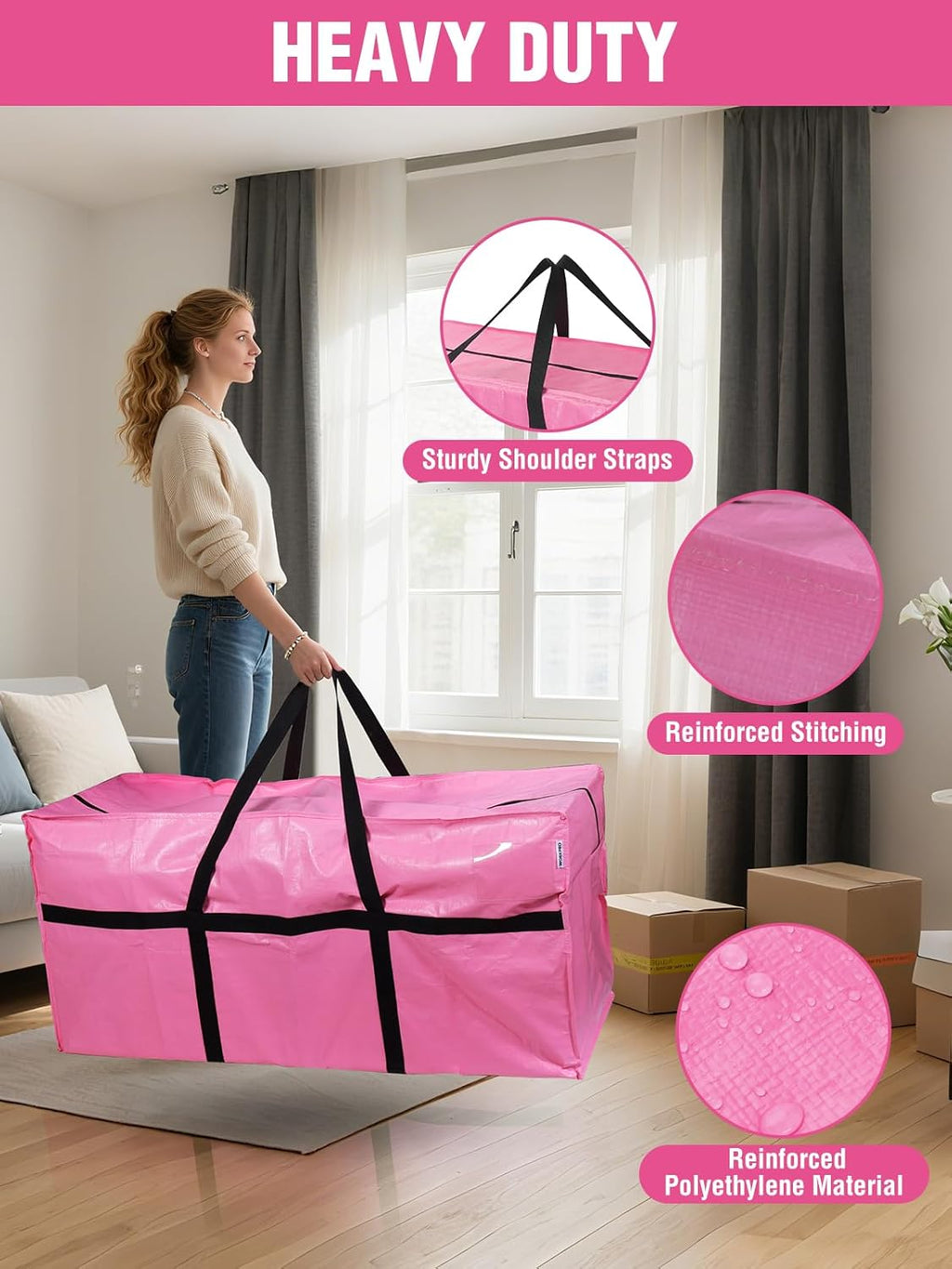WORKPRO 66 Gallon Extra Large Moving Bag - Heavy-Duty, Water-Resistant Storage Tote | Pink with Zippers & Carry Handles