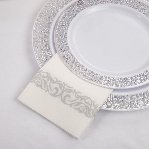 400 PCS Silver Napkins Disposable Hand Towels, Soft and Absorbent Linen Feel Dinner Napkins, White and Silver Paper Napkins, Elegant Decorative Paper Guest Towels for Bathroom Kitchen Wedding Party