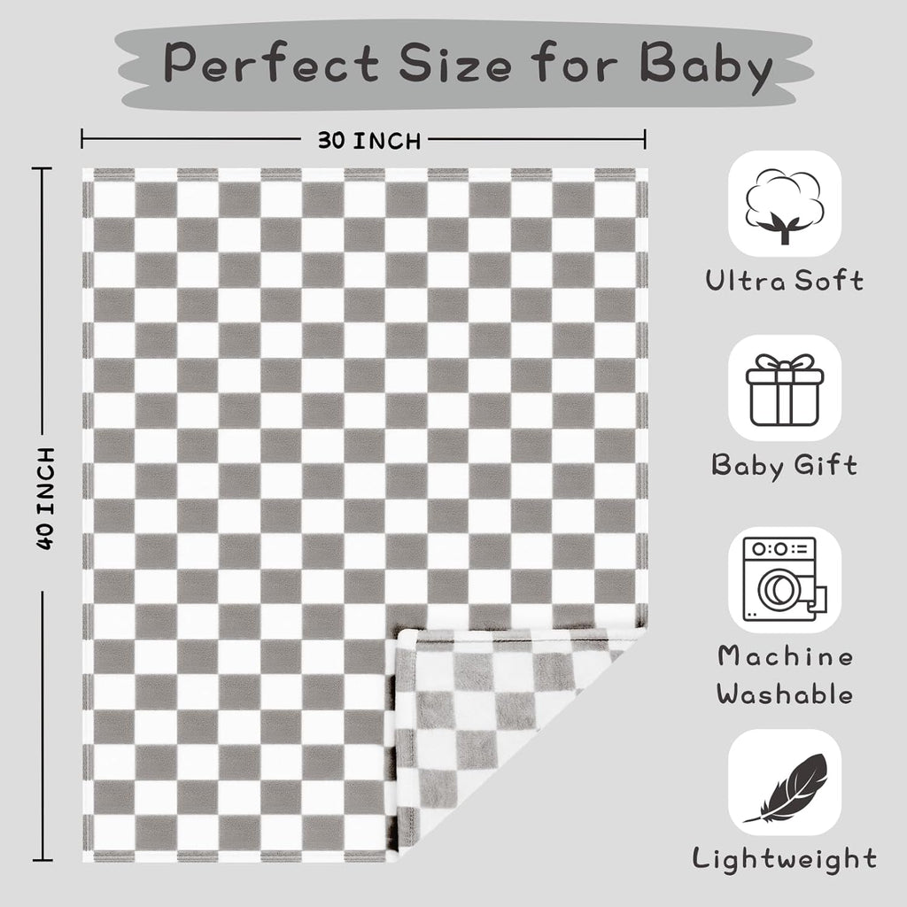 Yurhap Checkered Baby Blanket - Super Soft Fleece for Boys & Girls | 30x40 Inch, Greige