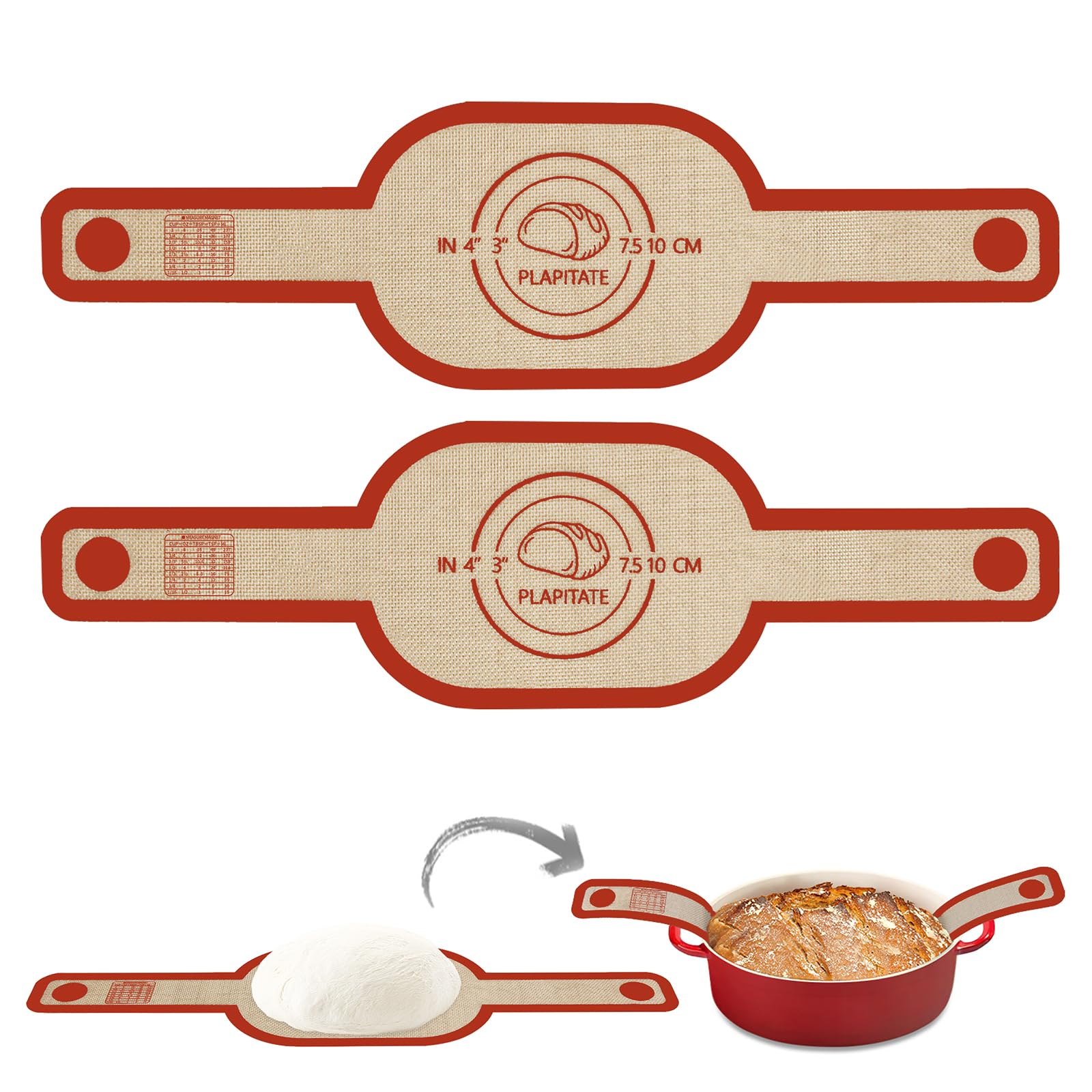 PLAPITATE Silicone Bread Sling Dutch Oven Liner, Non-Stick & Easy Clean Reusable Oval Silicone Bread Sling Baking Mat, Easy to Transfer Sourdough Bread - 2 Red Set