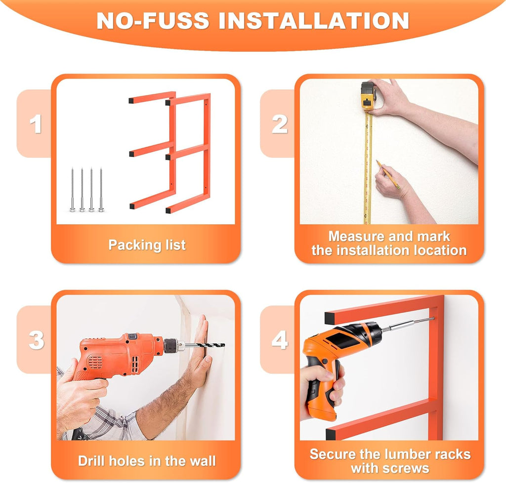 Ultrawall Lumber Storage Rack - Heavy-Duty Wall-Mounted Wood Organizer | Holds 220 LBS Per Level (Pack of 2, Orange)