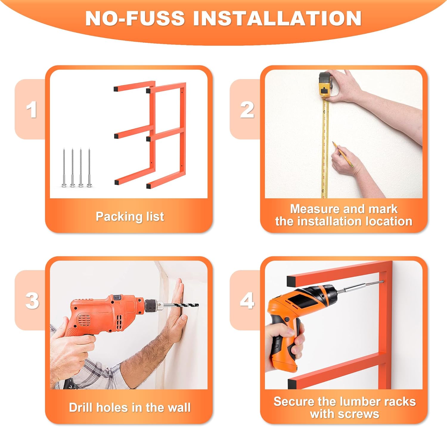 Ultrawall Lumber Storage Rack - Heavy-Duty Wall-Mounted Wood Organizer | Holds 220 LBS Per Level (Pack of 2, Orange)