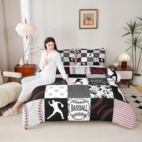 Erosebridal Kids Baseball Comforter Set Full Softball Boys Bedding Set Sports Game Quilted Comforter for Boys Patchwork Down Comforter Baseball Gift Duvet Insert for Teens, Red Black Gray