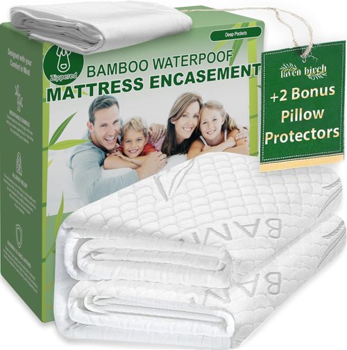 Bamboo Rayon Mattress Protector - 100% Waterproof Cooling Queen Size Cover + 2 Pillow Protectors | Ultra Soft & Breathable