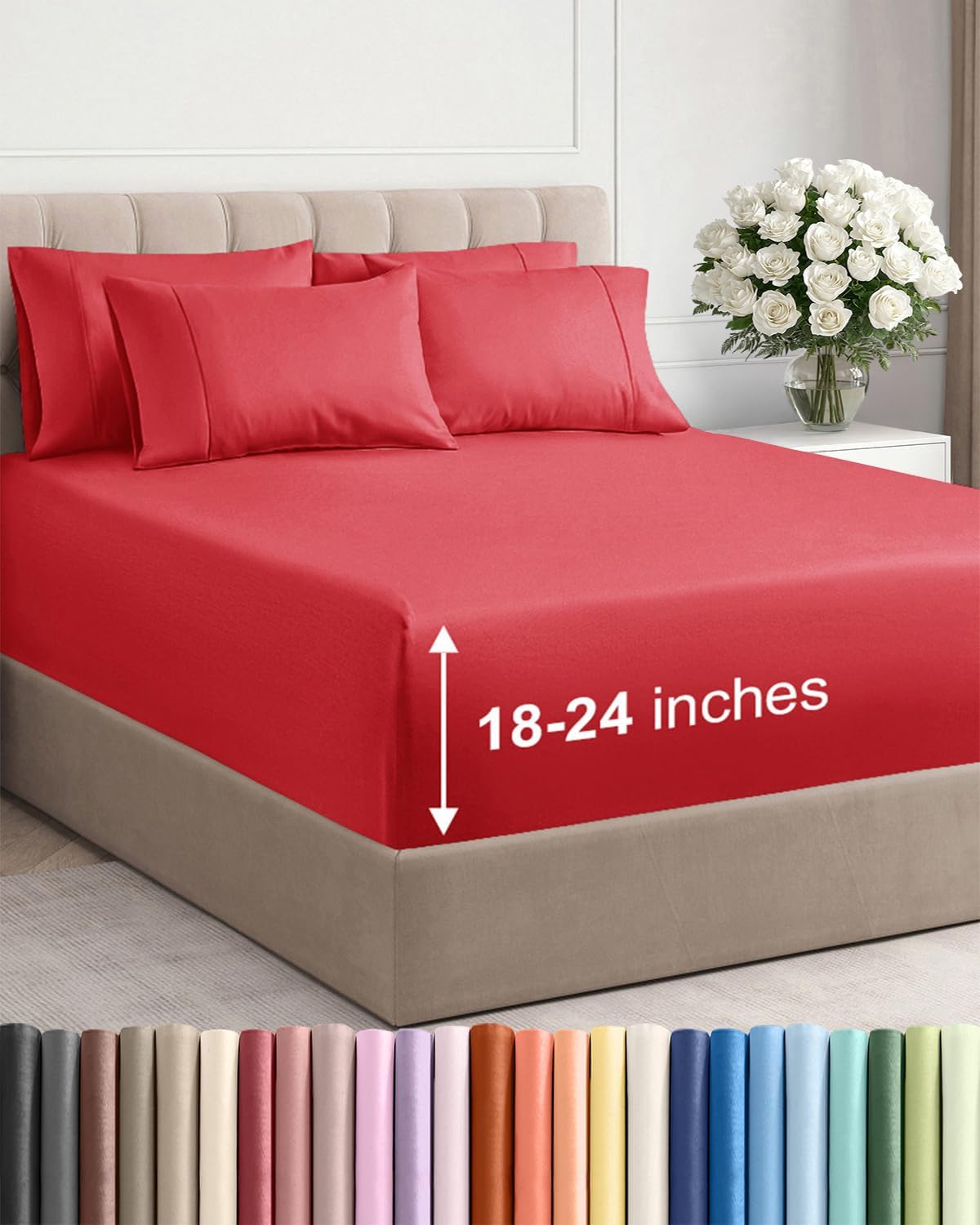 Skiennix Extra Deep Cal King Sheet Set | 6-Piece Breathable Cooling Bedding - Luxurious Red Color, Soft & Wrinkle-Free