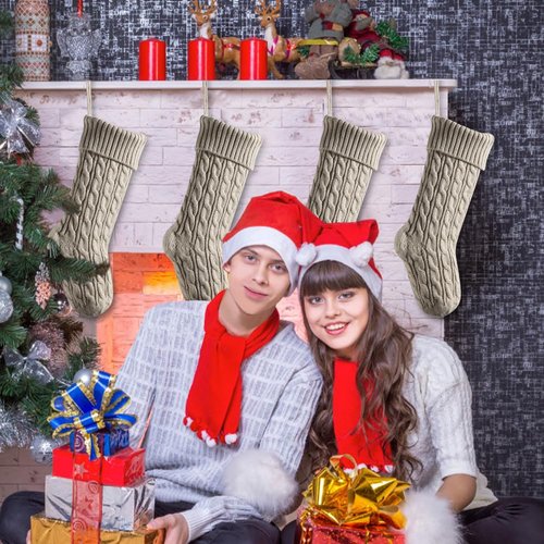 meioro 18 Inches Christmas Stockings, Large Size Cable Knitted Xmas Stocking for Kids, Fireplace Hanging Stockings for Family Holiday Party Decorations (Khaki)