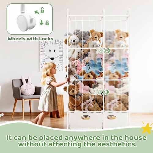Puppiluv Stuffed Animal Storage, Metal Stuff Animals Zoo Holder with Fabric Drawer and Wheels Tall Vertical Plushies Toy Organizer Plush Storage Cage with Elastic Band for Nursery Playroom Corner