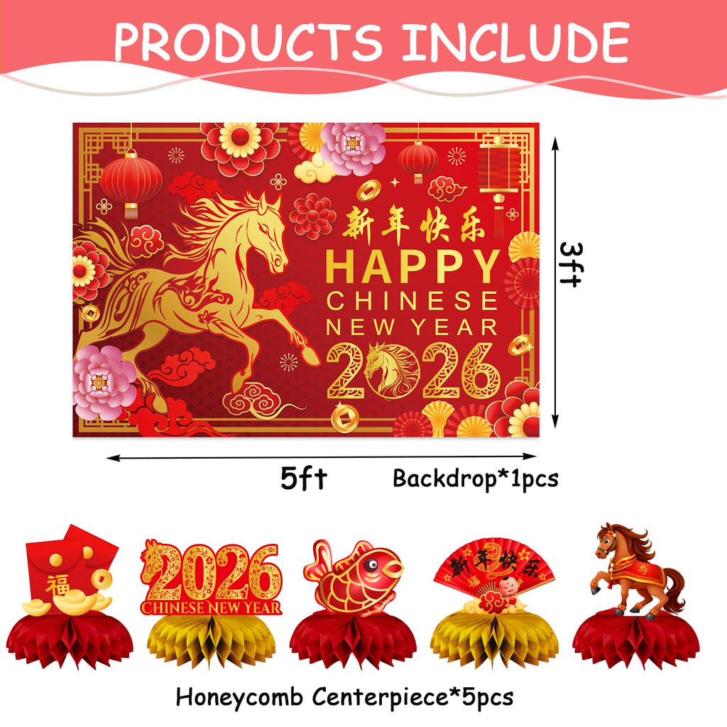 Chinese New Year Party Decorations,Include Lunar New Year Banner,Hanging Swirls,Background and Honeycomb Centerpieces for Spring Festival Celebrations Decorations.