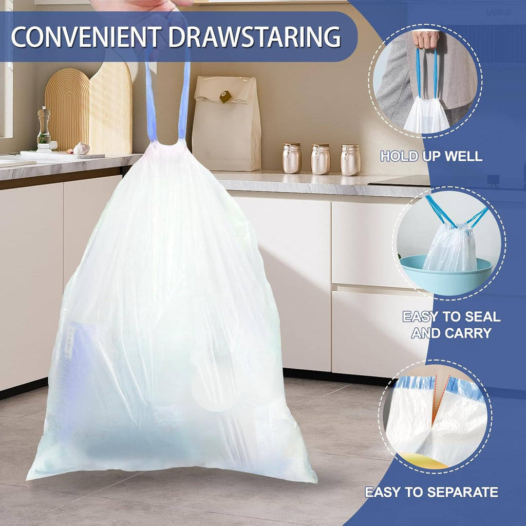 Skiennix 240 Count Drawstring Trash Bags - 4 Gallon Unscented White Garbage Liners for Home & Office