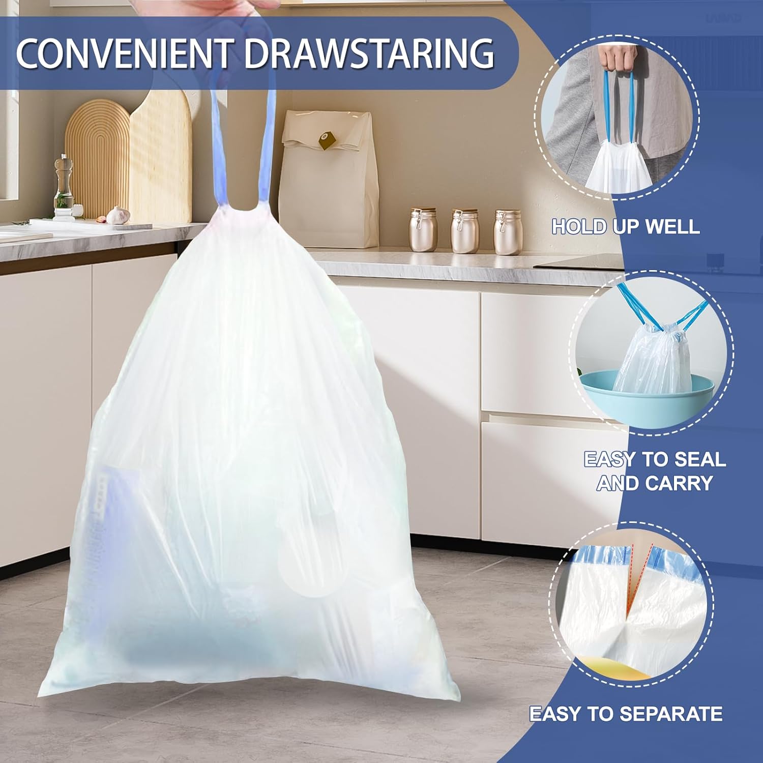 Skiennix 240 Count Drawstring Trash Bags - 4 Gallon Unscented White Garbage Liners for Home & Office