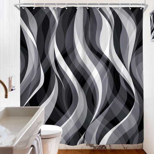 Riyidecor Modern Black White Gray Shower Curtain – Abstract Striped Geometric Design, 72Wx72H, Waterproof Polyester with 12 Hooks for Stylish Bathroom Decor