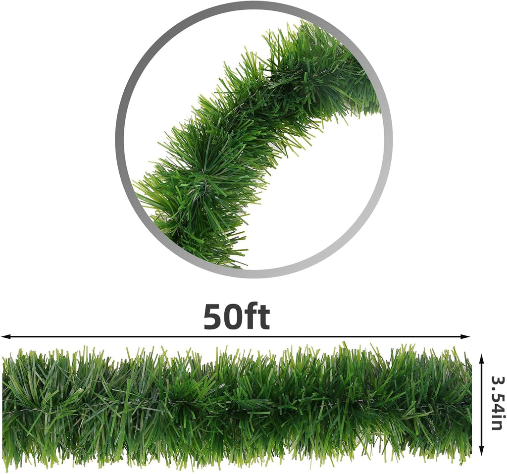 Skiennix Green Garland - 50Ft Non-Lit Tinsel Stems for Christmas Decor | Soft Twist for Tree, Stairs, and Mantle