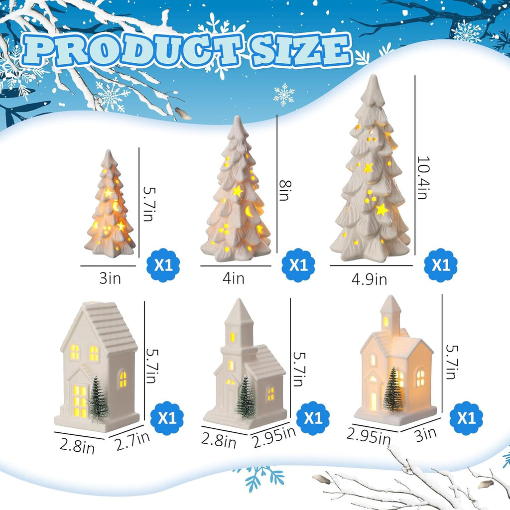 Nuogo Light Up Ceramic Christmas Trees Set - 6 Pcs White Porcelain with LED Lights & Glitter Snow for Holiday Decor