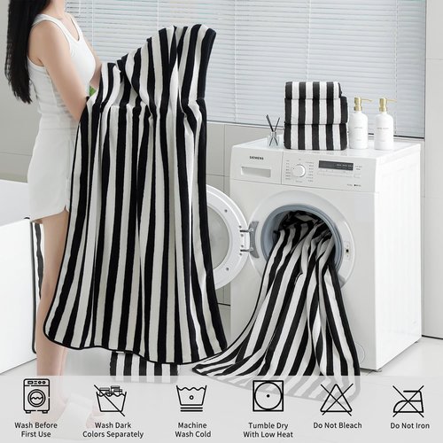 18 Pcs Black White Cabana Stripe Family Towels Set-6 Bath Sheets,6 Hand Towels,6 Washcloths Soft Jumbo Bathroom Towels Absorbent Shower Towel Quick Dry Beach Chair Towel Spa Gym Hotel Towel Set