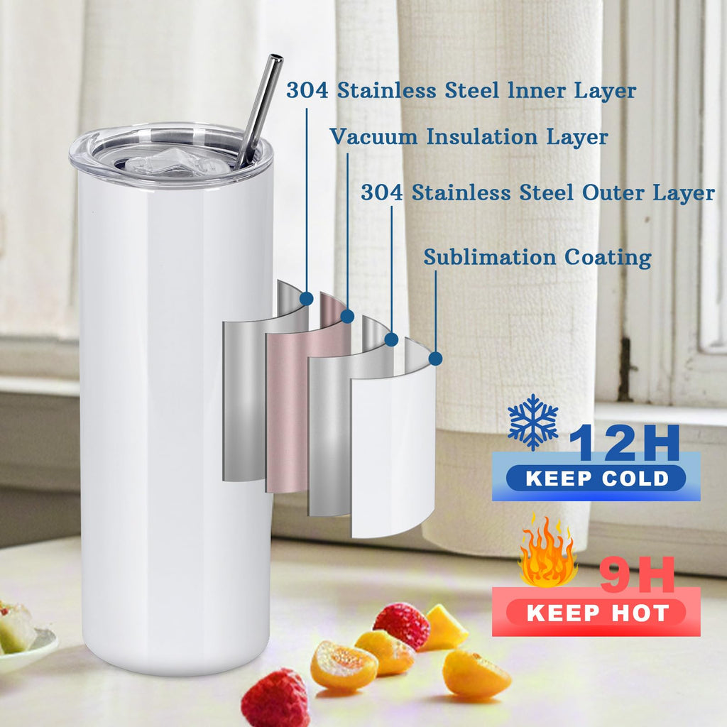oaptuza 24 Pack 20 OZ Sublimation Tumblers Bulk, Skinny Straight White Sublimation Cups, Stainless Steel Double Wall Insulated Tumbler for Heat Transfer, Individually Boxed