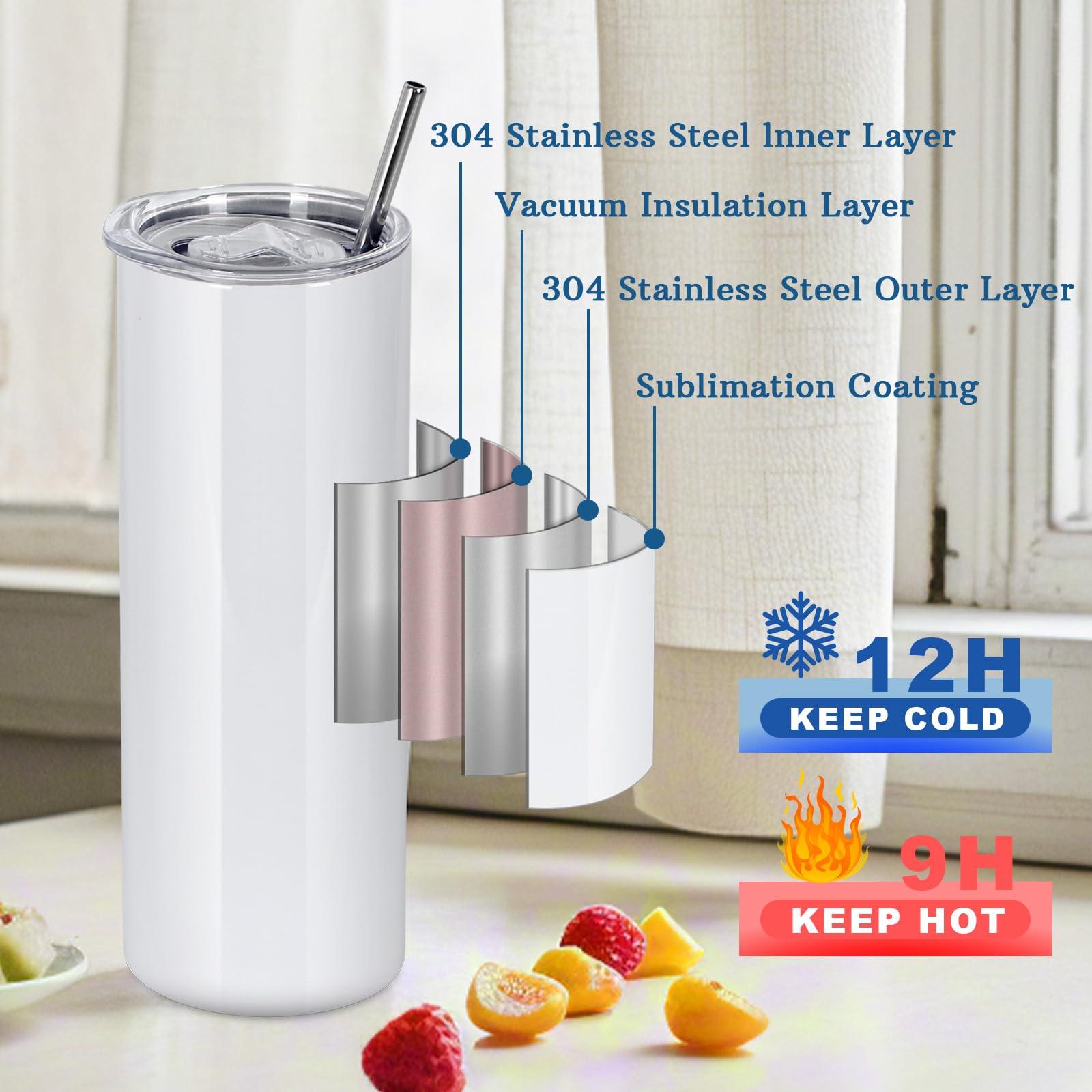 oaptuza 24 Pack 20 OZ Sublimation Tumblers Bulk, Skinny Straight White Sublimation Cups, Stainless Steel Double Wall Insulated Tumbler for Heat Transfer, Individually Boxed