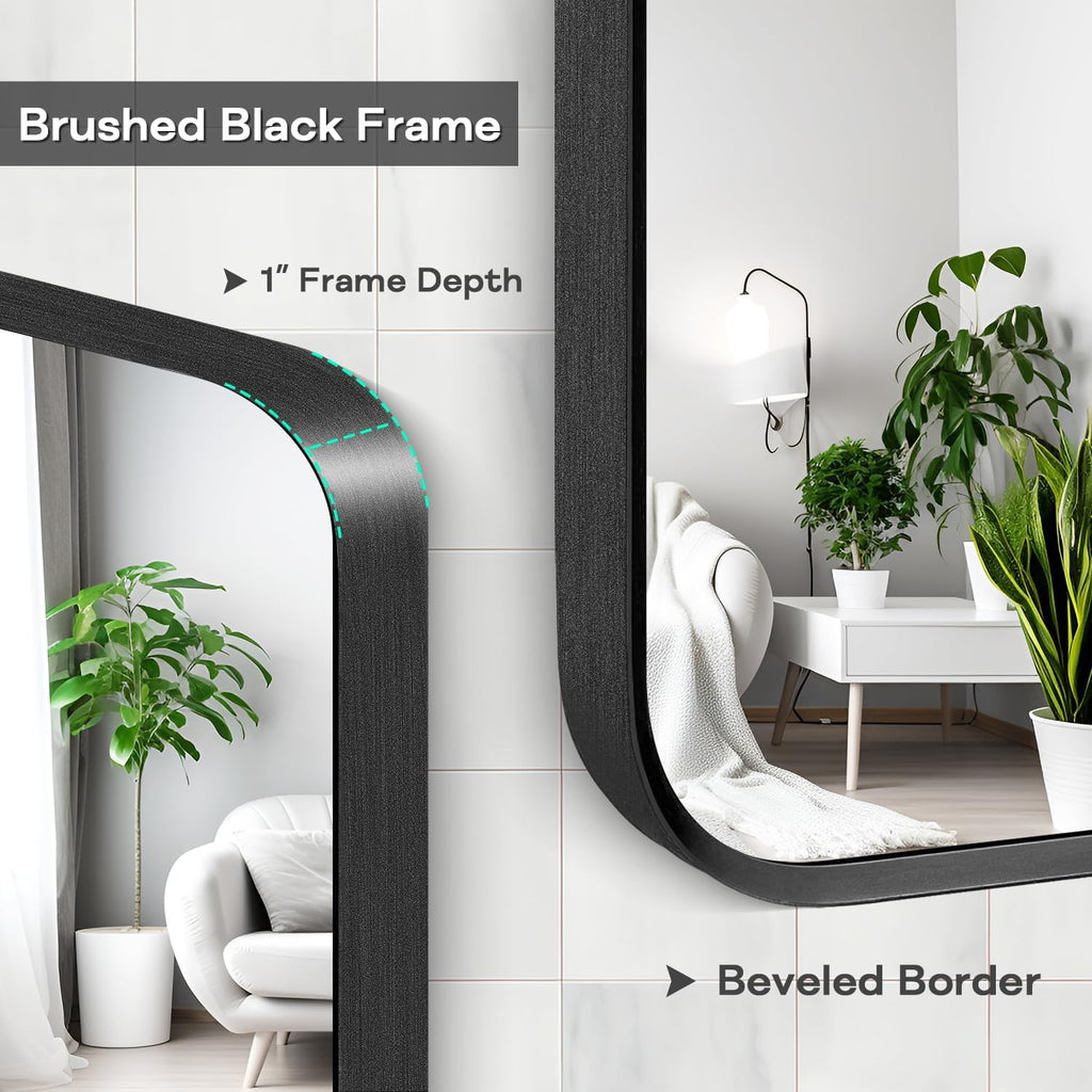 Regine Switzerland Black Framed Bathroom Mirror - Matte Rounded Corner Design | 24" x 32" Tempered Glass