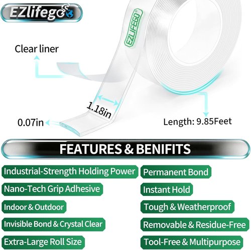 EZlifego Heavy-Duty Double Sided Tape - Clear Nano Adhesive for Picture Hanging (9.85FT)