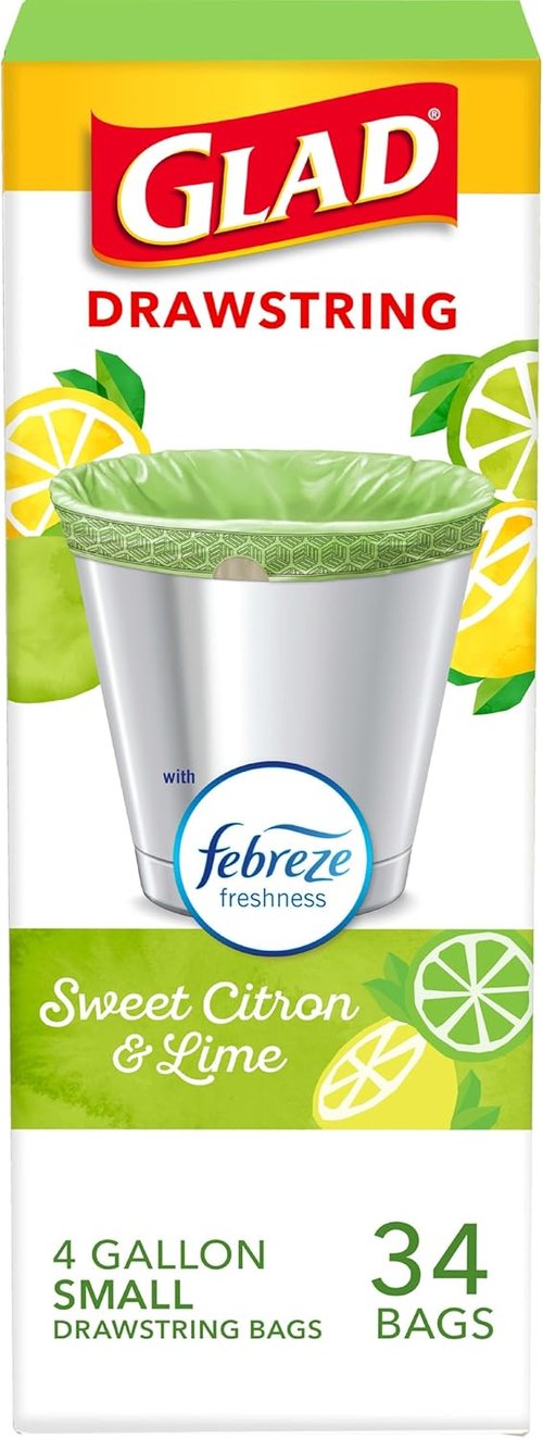 Glad Small Kitchen Trash Bags - 4 Gallon Capacity with Febreze Sweet Citron & Lime Scent | 34 Count