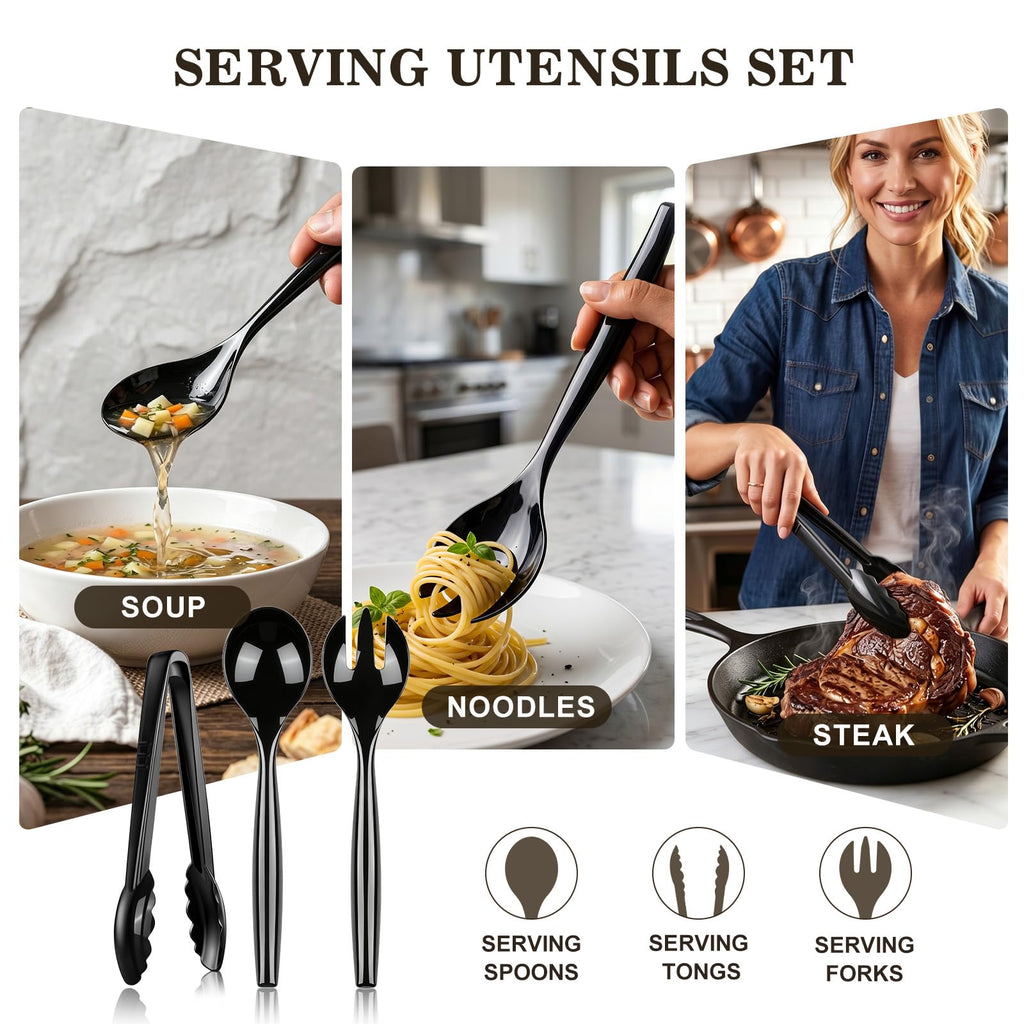 Dualshine 24 Pcs Disposable Black Plastic Serving Utensils,8 Set Including 9.72" Plastic Serving Spoons, Forks and 8.46" Tongs, for Dinner Parties, Buffets,Banquets, Events, Weddings, and Daily Use