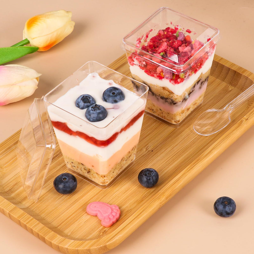 LifeIdeas 150 Pcs Mini Dessert Cups with Spoons and Lids, 5 Oz Square Vasitos Para Postres, Shooters Cups for Party, Clear Yogurt Parfait Cups for Pudding, Fruit, Mousse, Snacks & Appetizers