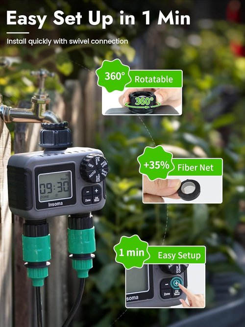 Insoma 2-Zone Sprinkler Timer - Programmable Garden Hose Timer with Auto/Rain Delay | Waterproof & Easy Setup for Efficient Lawn Irrigation